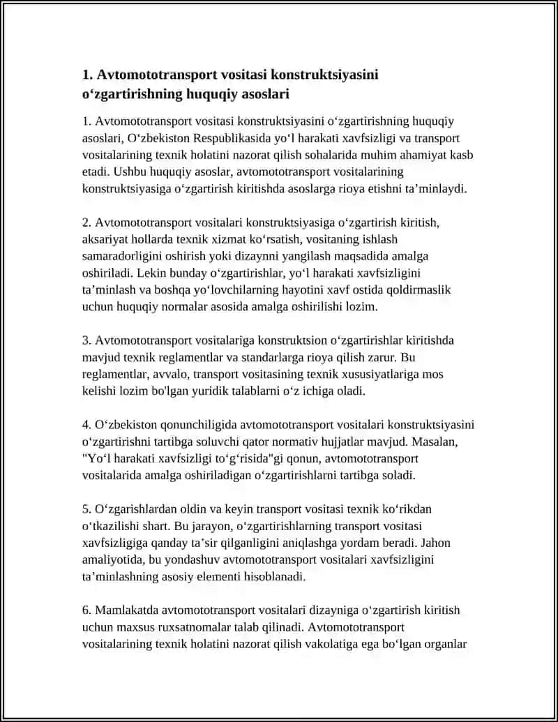 AVTOMOTOTRANSPORT VOSITASI KONSTRUKSIYASINI OʻZGARTIRISHNING HUQUQIY JIHATLARI. HARAKAT XAVFSIZLIGI BOʻYICHA OʻQUV VA TARGʻIBOT ISHLARINING AHAKARIMBOYEV MIRZO HAMDA OʻGʻLIMIYATI 4