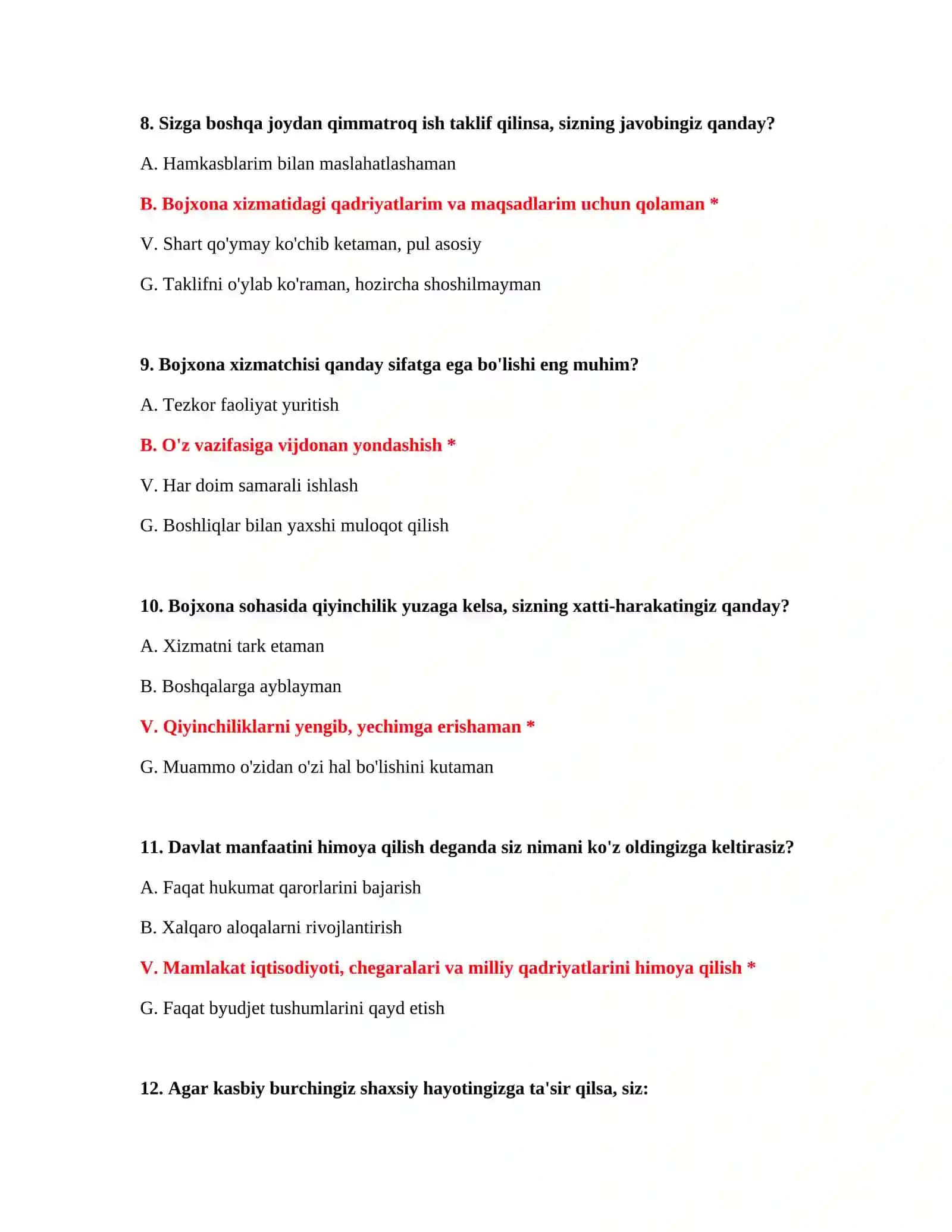 Bojxona psixologik testi namunasi 4