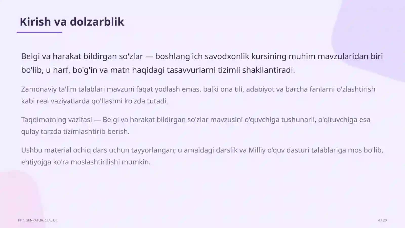 Belgi va harakat bildirgan so'zlar (2-sinf) 4