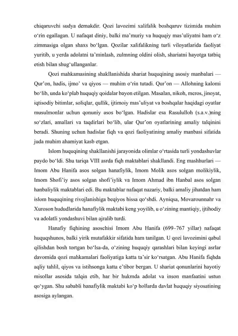 Qozi mahkamaslarining islom huquqini ta'minlashdagi oʻrni. Oʻrta asrlarda fiqh ilmining rivojlanishida Movorounnahr faqihlarining oʻrni 4