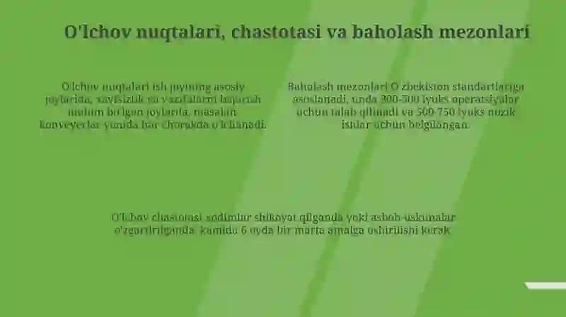 İshlab chiqarish maydonlarida joylarini yoritganlik darajasini tekshirish 4