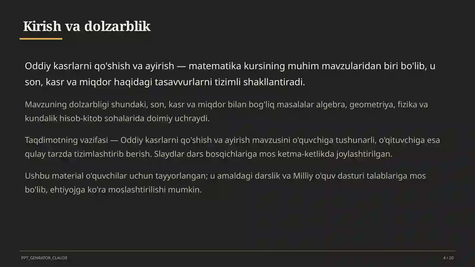 Oddiy kasrlarni qo'shish va ayirish (5-sinf) 4