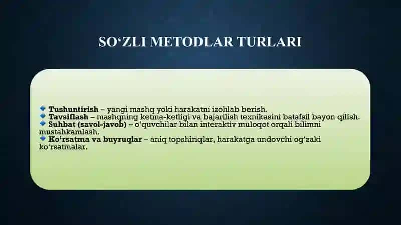 Jismoniy tarbiyaning so`zdan foydalanish va ko`rgazmali metodlari mavzusi uchun slayd 4