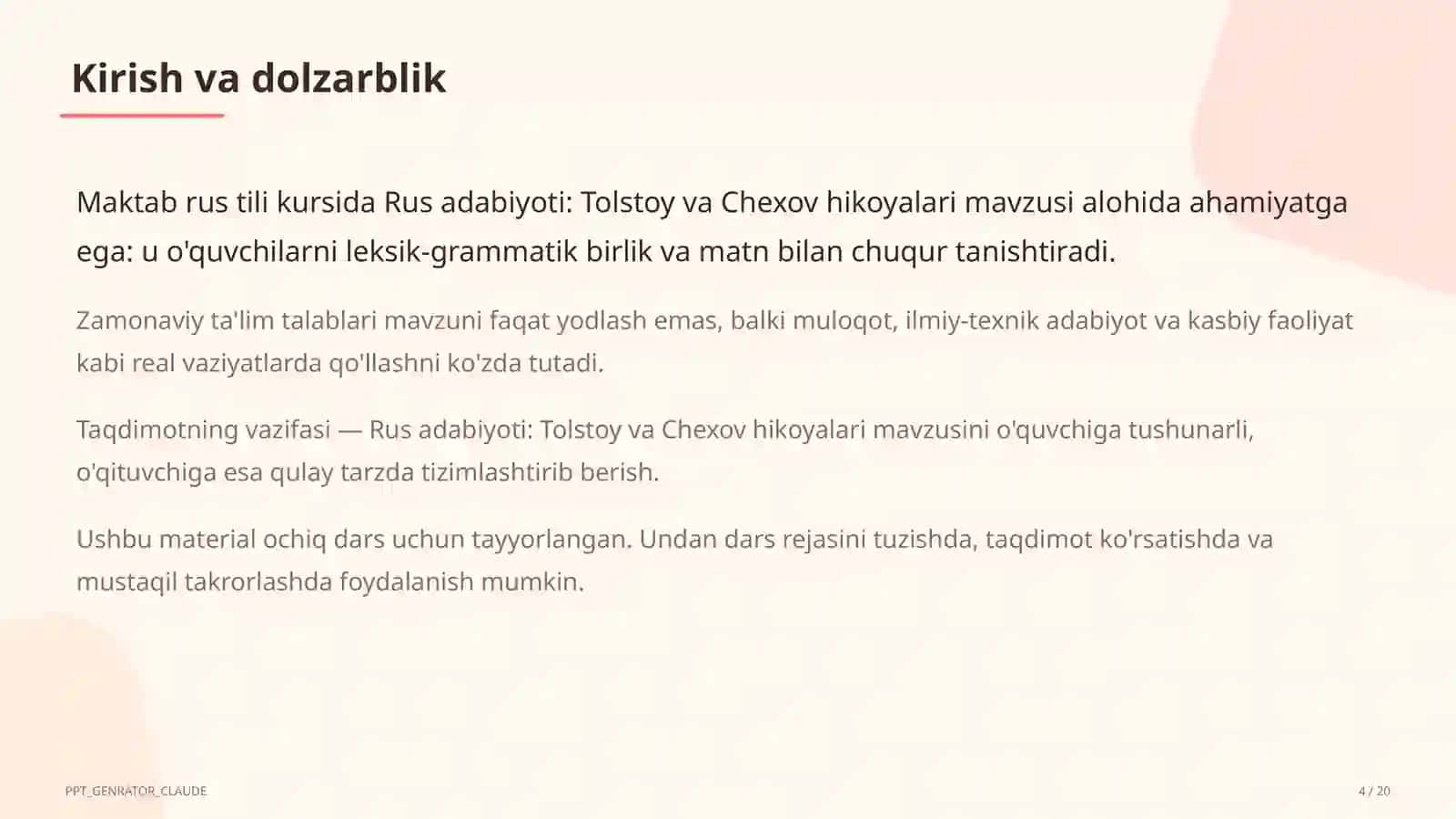 Rus adabiyoti: Tolstoy va Chexov hikoyalari (10-sinf) 4