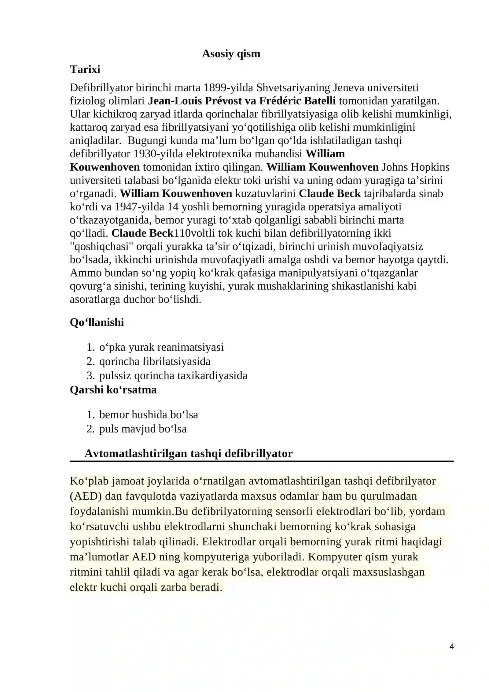 Defibrillyatorlar va ularning ishlash prinsiplari.Spirografiya apparatini tuzilishi,ishlash prinsipi va tibbiyotda qo`llanilishi 4