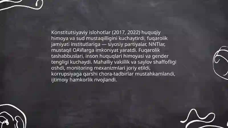 O‘zbekistonda demokratik, fuqarolikjamiyati asoslarining shakllanishi, amalgaoshirilgan siyosiy islohotlar Акрамжонов кароматулло 4