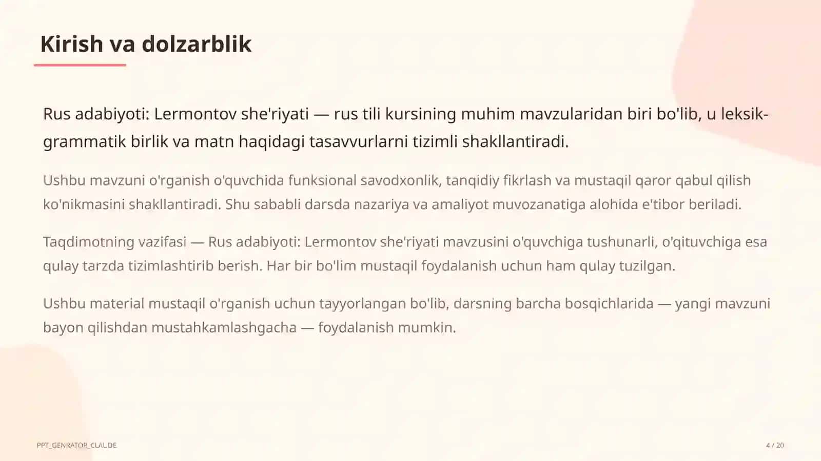 Rus adabiyoti: Lermontov she'riyati (9-sinf) 4
