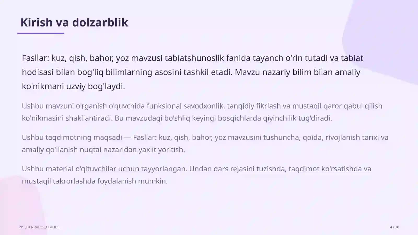Tabiatshunoslik Dars Rejasi 4