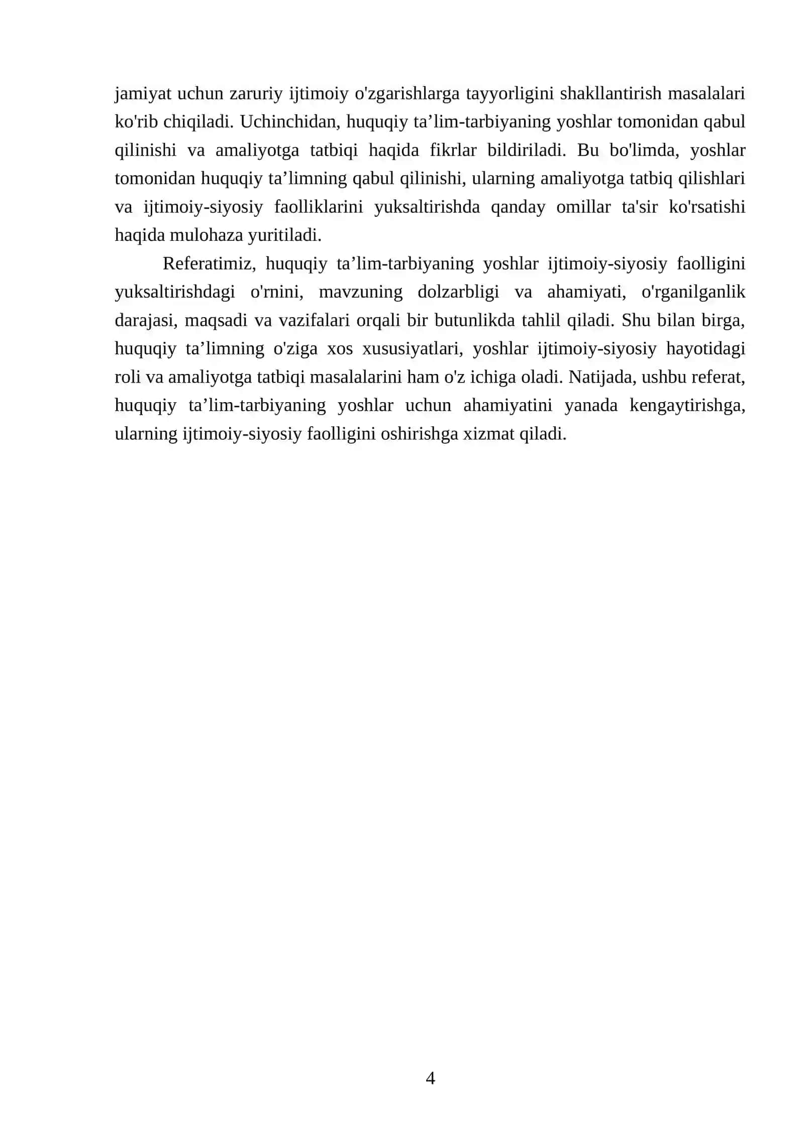 Huquqiy taʼlim-tarbiyaning yoshlar ijtimoiy-siyosiy faolligini yuksaltirishdagi oʻrni 4
