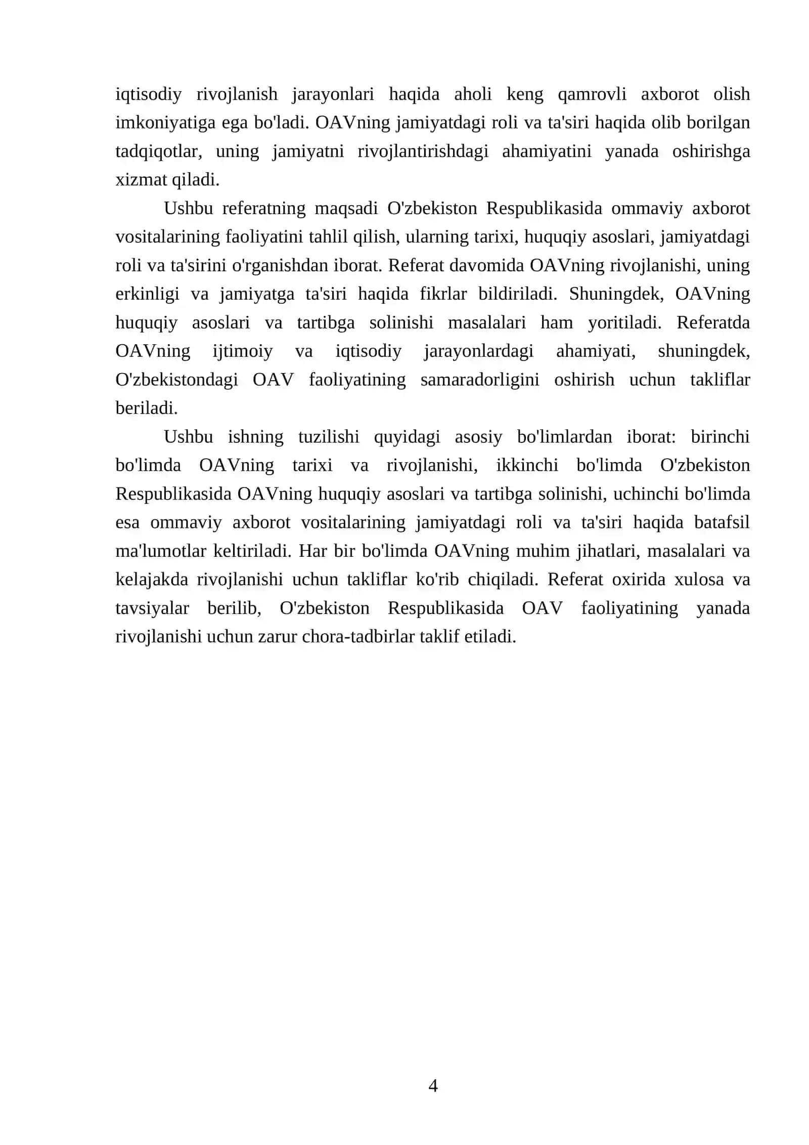 O'zbekiston Respublikasida ommaviy axborot vositalarining faoliyati 4