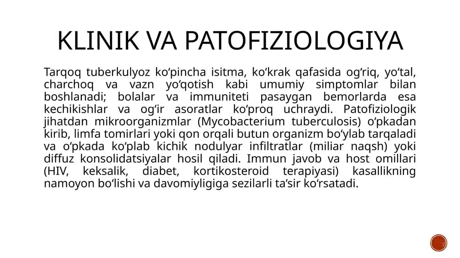 O‘pkaning tarqoq tuberkulyozi – qiyosiy tashxislash, grafik tasvirlash, testlar va klasterlar yechish 4