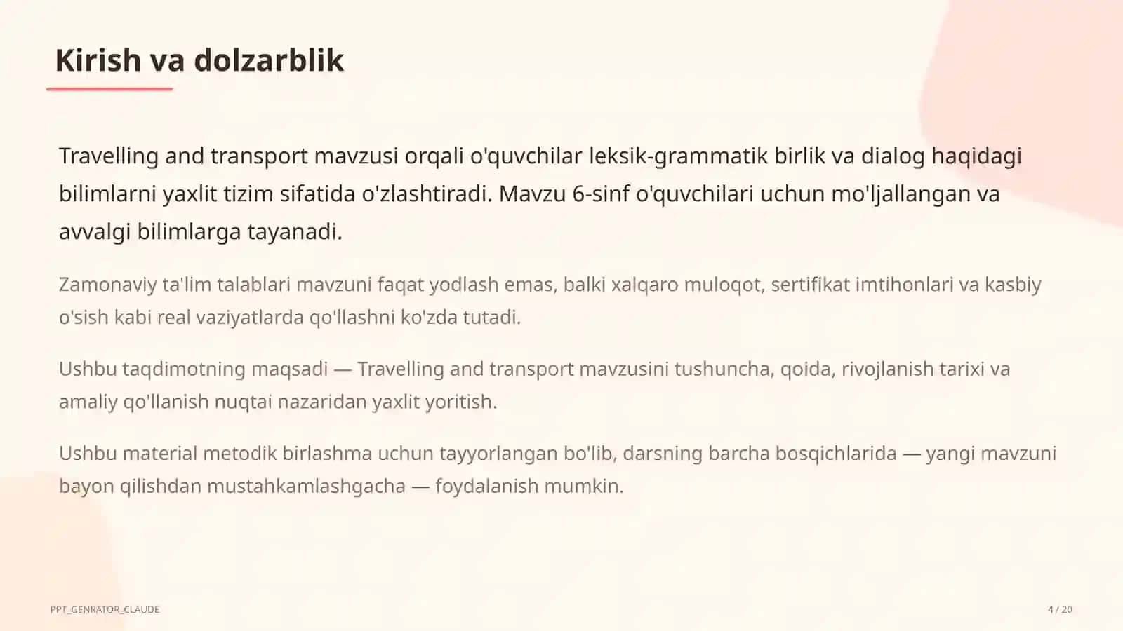 Travelling and transport (6-sinf) Ingliz tili (1-11) — metodik birlashma uchun 4