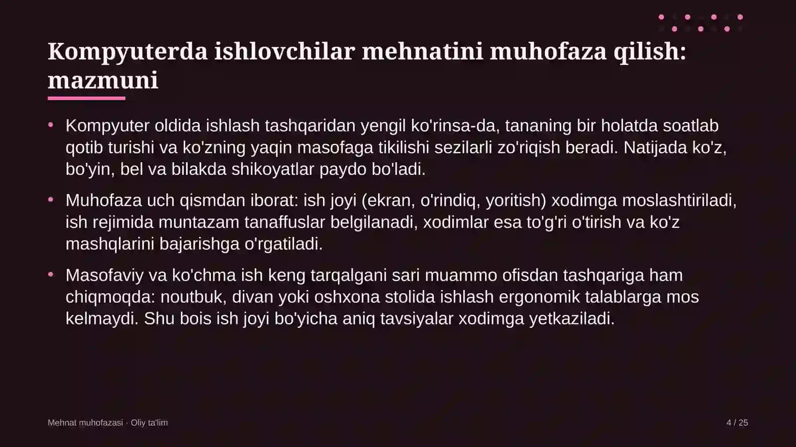 Davlat qo'mitalarida kompyuterda ishlovchi xodimlar mehnatini muhofaza qilish 4