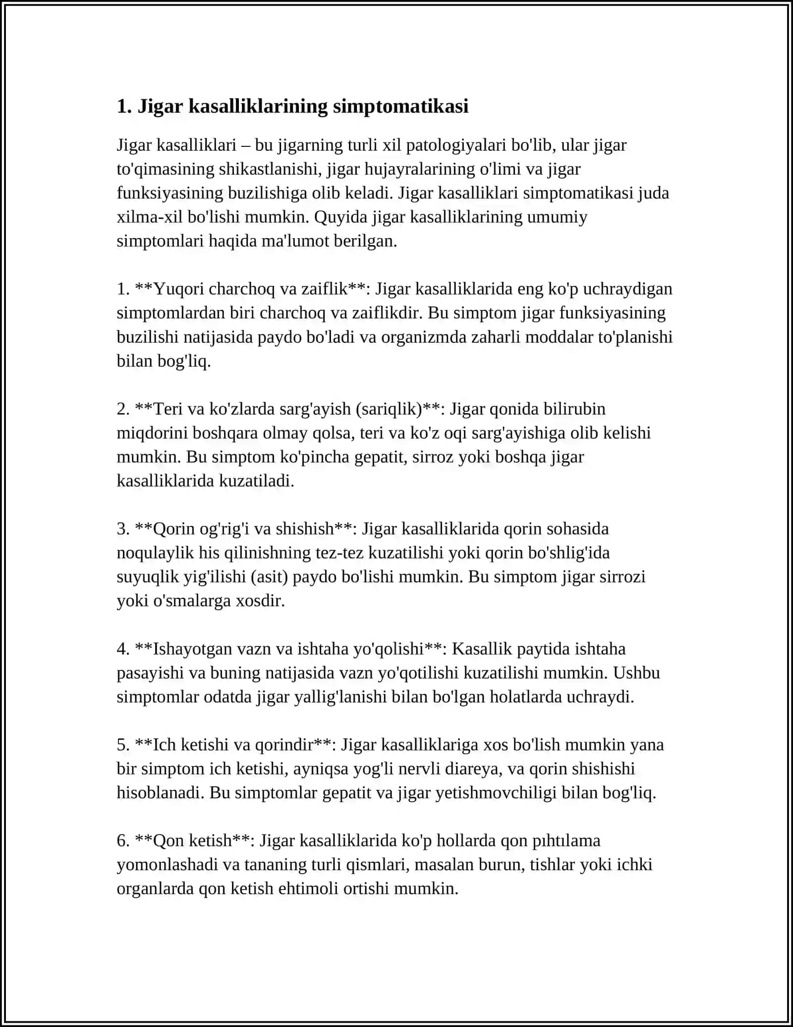 JIGAR VA O'T YO'LLARI KASALLIKLARIDA BEMORLARNI TEKSHIRISH. SO'RAB SURISHTIRISH. ASOSIY SHIKOYATLARI, DIAGNOSTIK AHAMIYATI 4