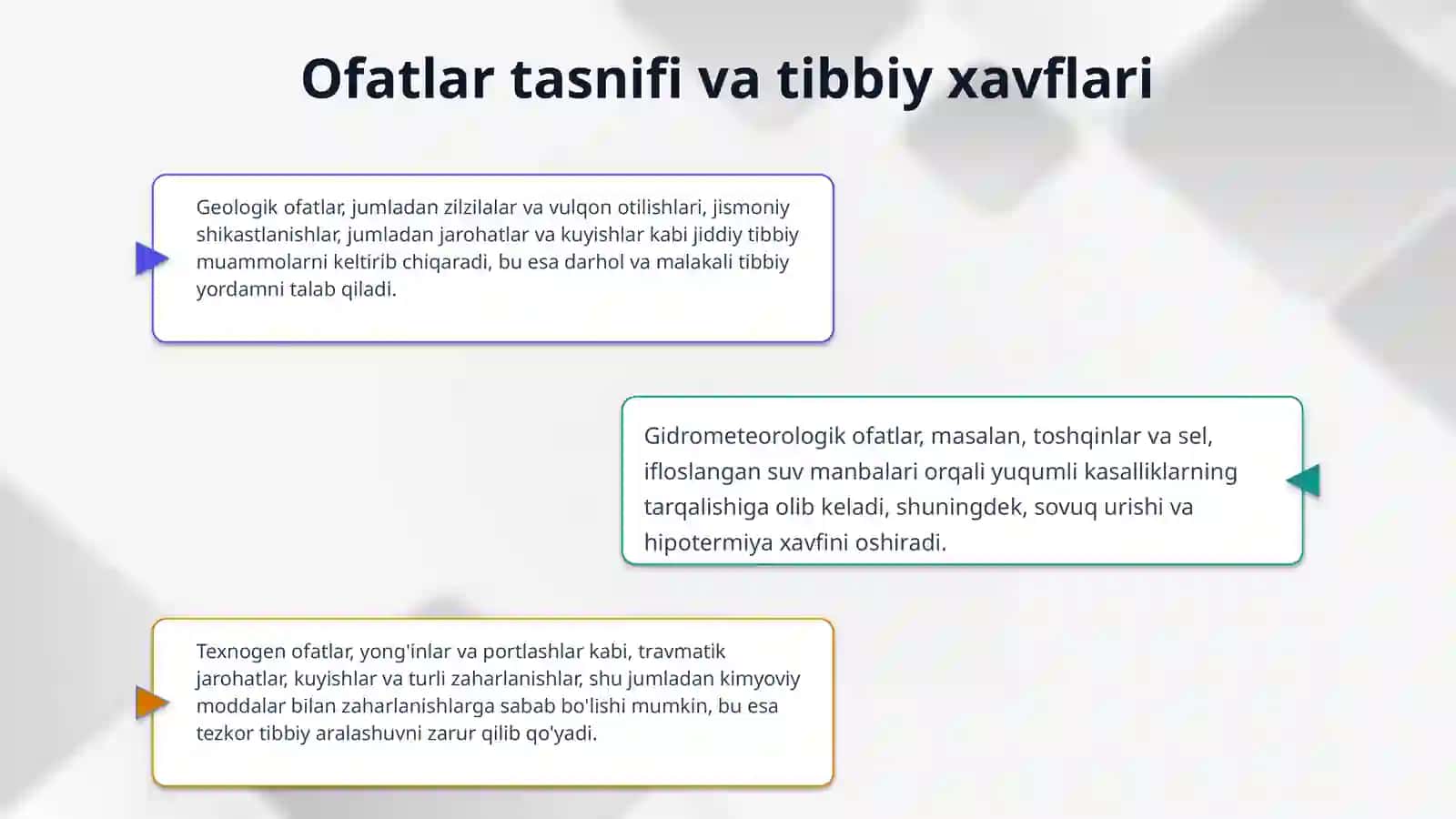 PREZENTATSIYA MAVZUSI:. Aholining tabiiy ofatlar, katta falokatlar va talafotlarda tibbiy jihatdan ta’minlanishini tashkil etish. 4