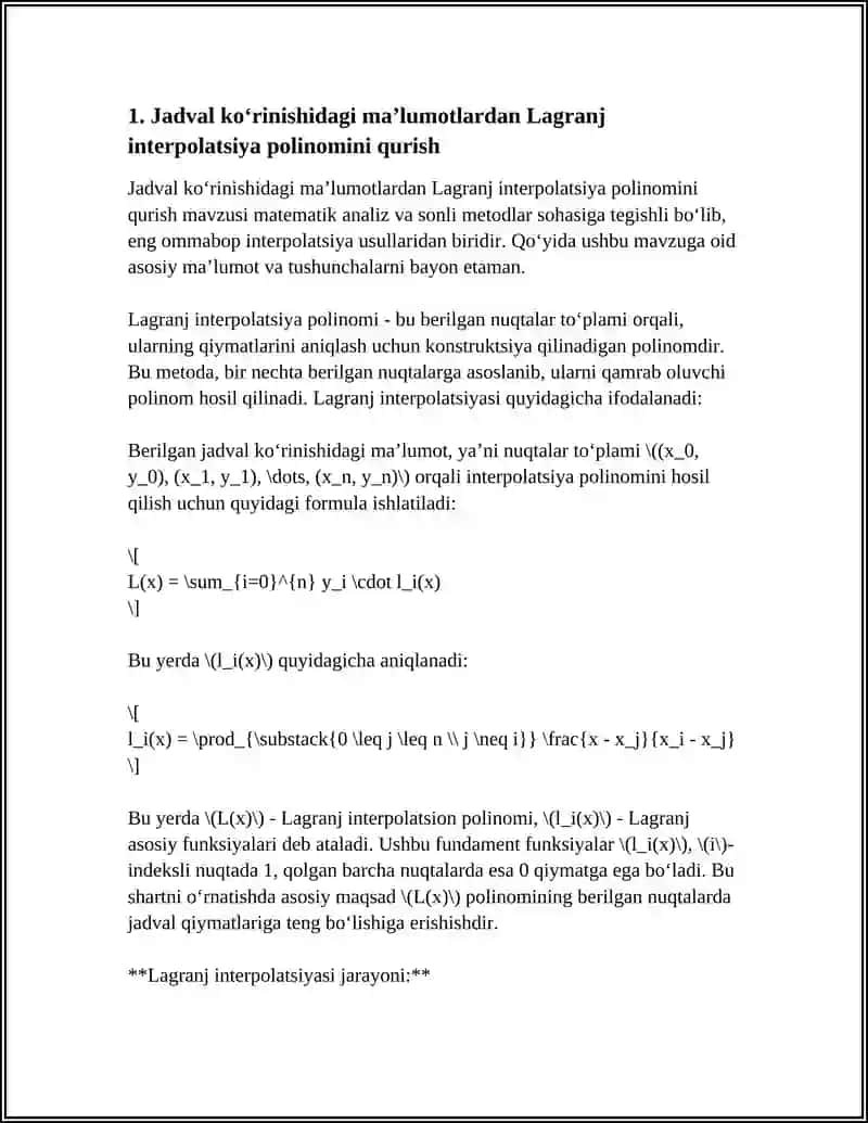 JADVAL KOʻRINISHIDA BERILGAN FUNKSIYALAR LAGRANJ, NYUTON INTERPOSITION KOʻPHADLARI HAMDA SPLAYN FUNKSIYALAR BILAN INTERPOLYATSIYALASH 4