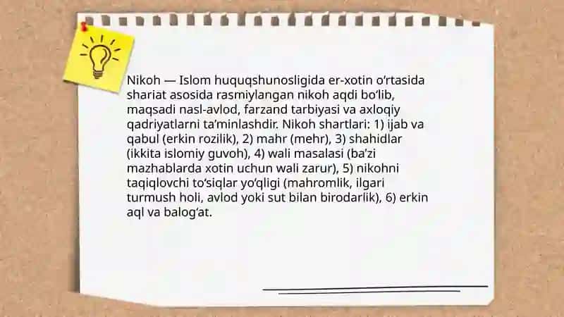 Islom huquqshunosligida oila, nikoh, taloq, idda, zihor tushunchalarini ta'riflash va taqdimot tayyorlash 4