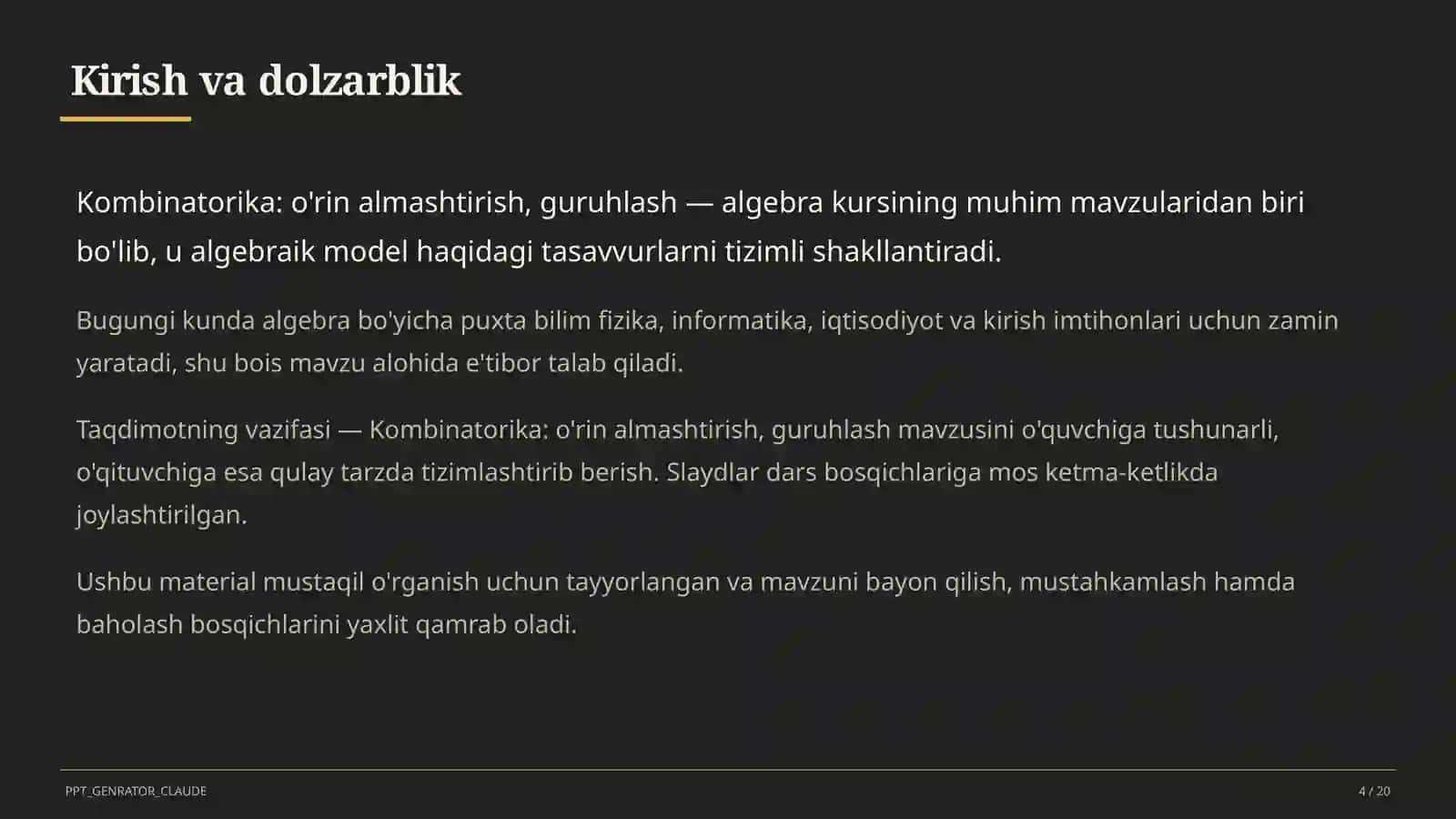 Kombinatorika: o'rin almashtirish, guruhlash (9-sinf) 4