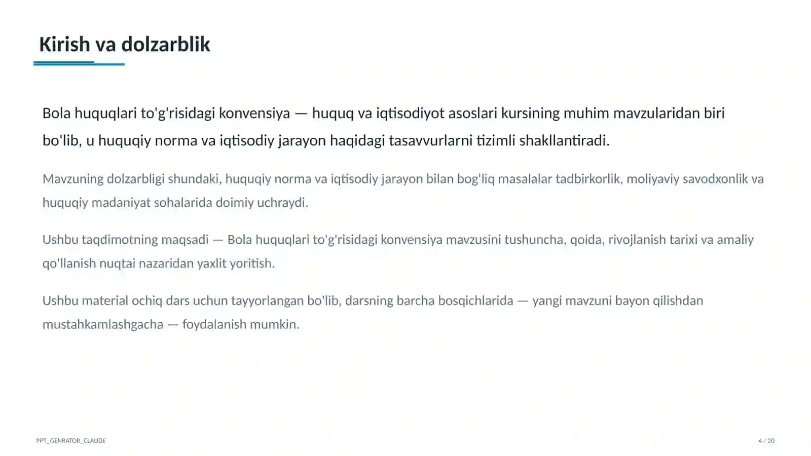 Huquq va iqtisodiyot asoslari (9–11) — ochiq dars uchun 4