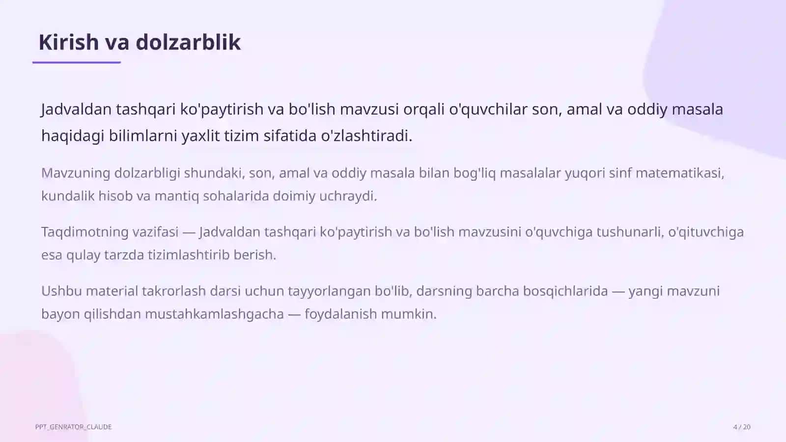 Jadvaldan tashqari ko'paytirish va bo'lish (3-sinf) 4