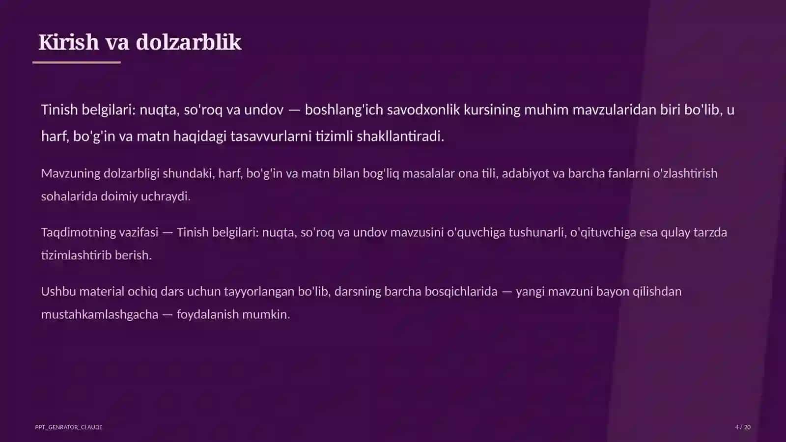 Boshlang'ich sinf: Ona tili va o'qish (1–4) — ochiq dars uchun 4
