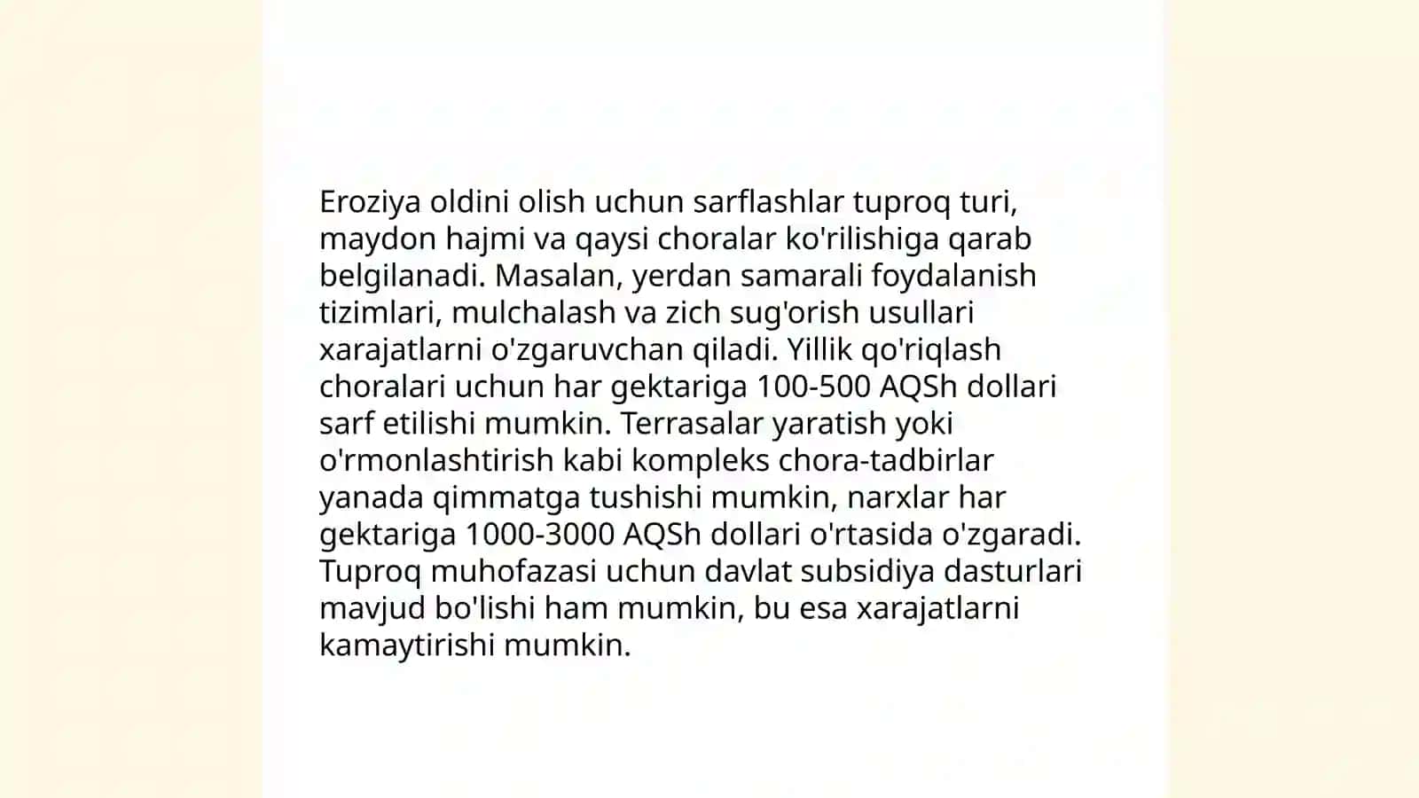 Tuproq eroxiyasi xavfli mintaqalarda tadbirlarni qo 'llashda sarflanadigan harajatlar miqdorini aniqlash 4