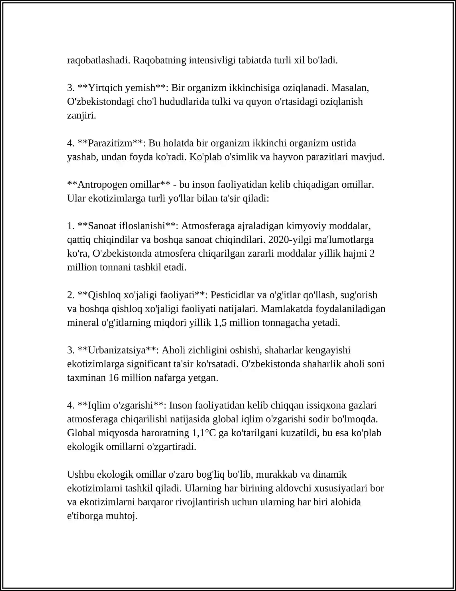 MUSTAQIL ISH Mavzu: EKOLOGIK OMILLAR VA ULARNING TURLARI 4