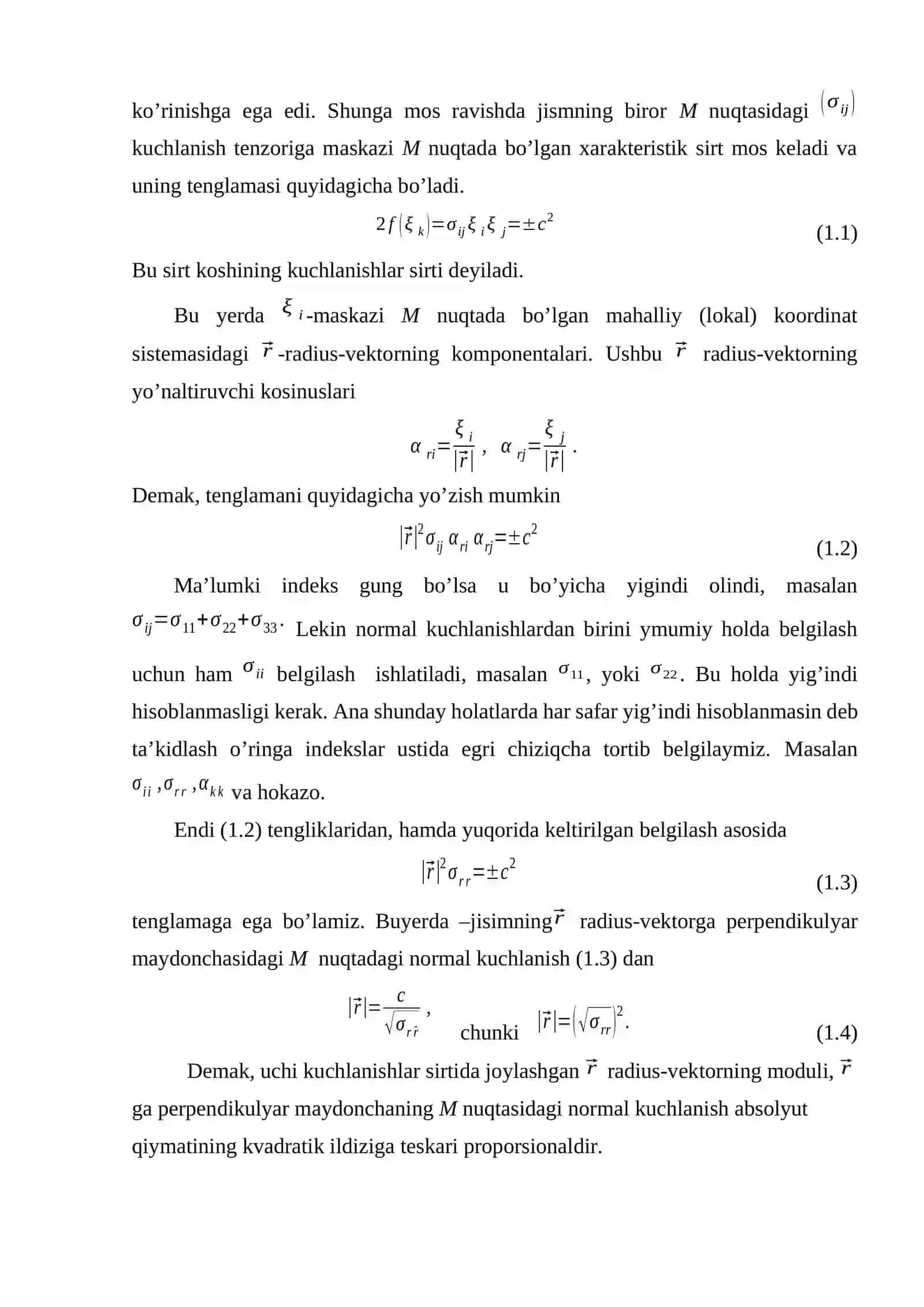 Kuchlanishlar sirti. Kuchlanishlar ellipsoidi. Mor doiraviy diagrammasi. Bosh urinma kuchlanishlar. Bosh kuchlanishlarni hisoblash formulalari. Ikki o’qli kuchlanganlik holati. 4