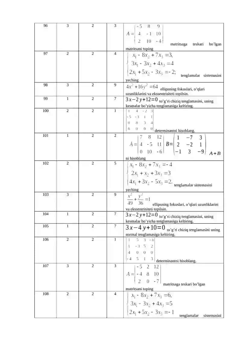 Kimyo o’qitish metodikasi yo’nalishi 1-kurs talabalariga «Matematika » fanidan yakuniy nazorat savollari 4