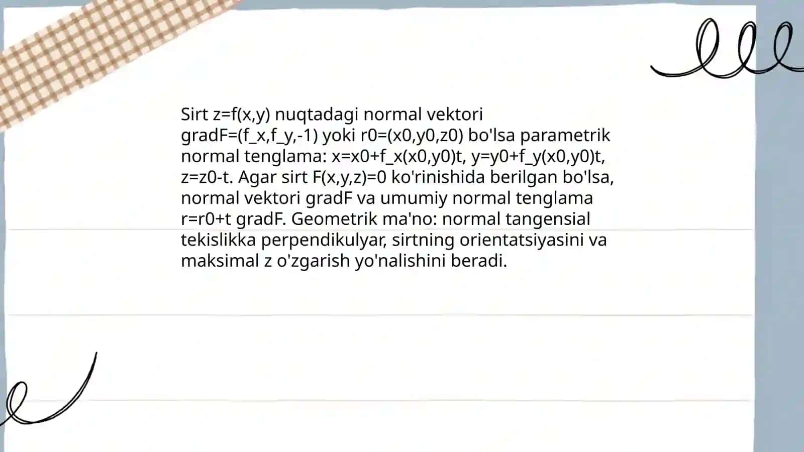 Sirtga ótkazilgan urinma tekislik va normal tenglamalari 4