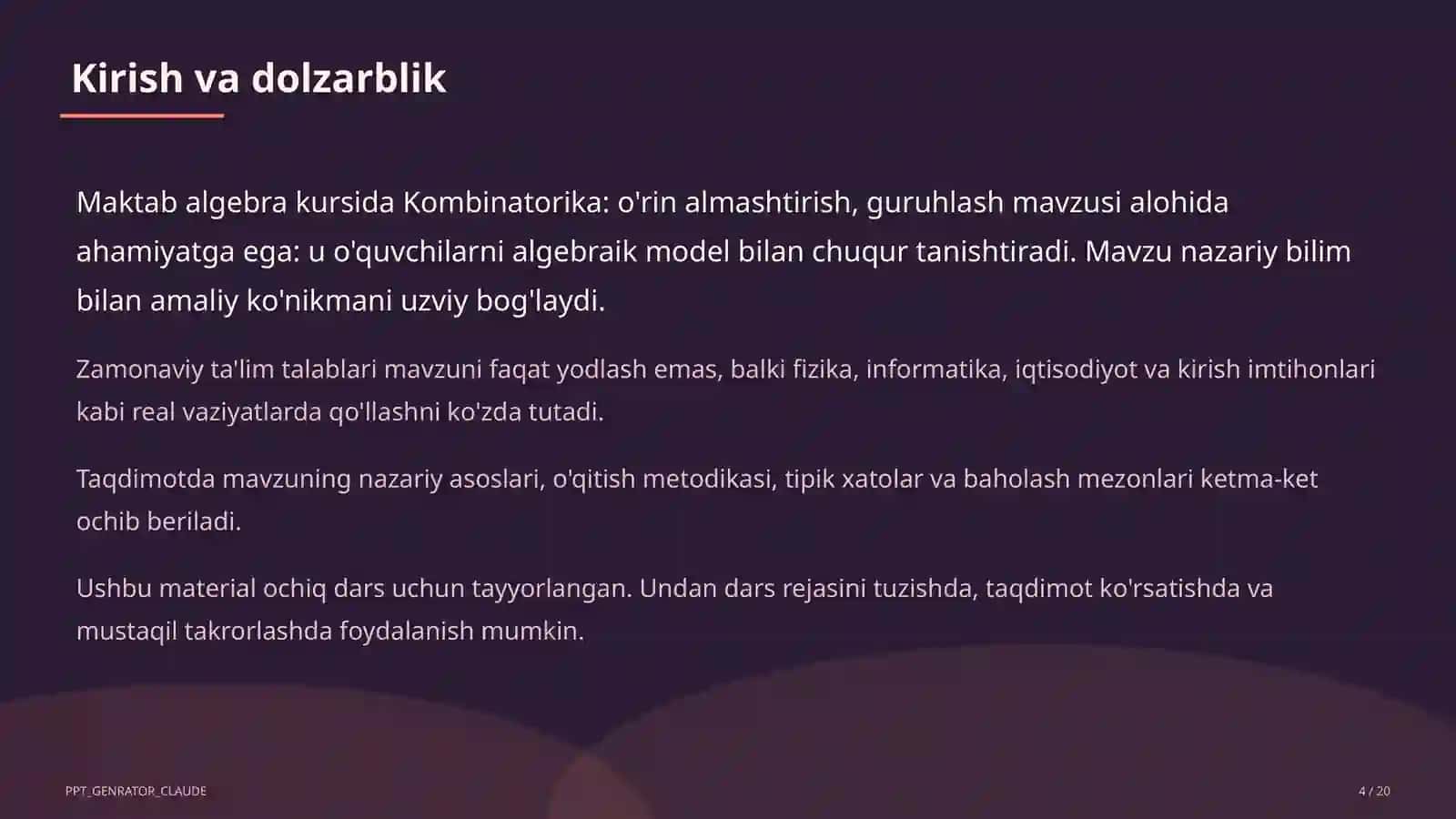 Kombinatorika: o'rin almashtirish, guruhlash (9-sinf) 4