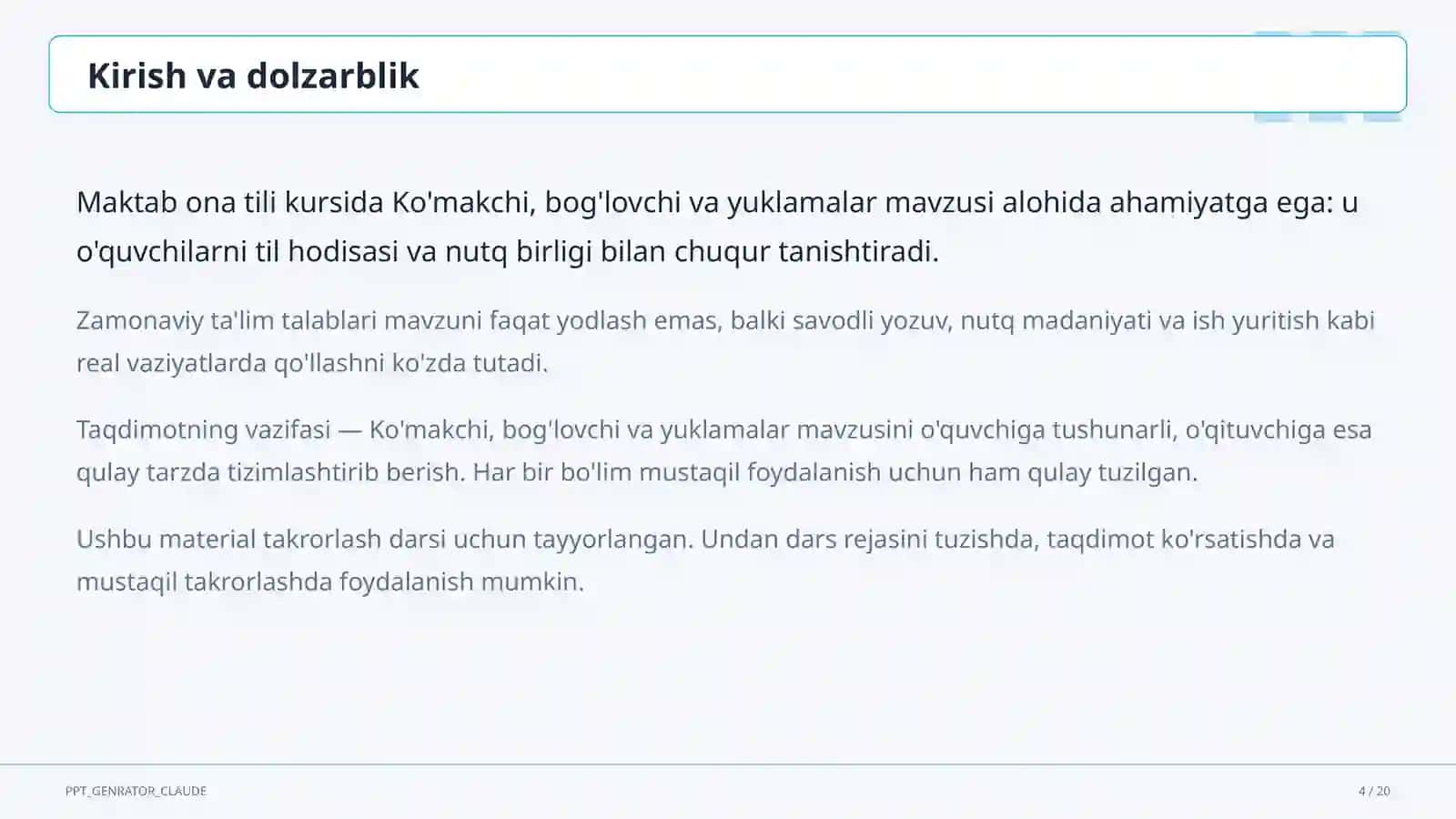 Ko'makchi, bog'lovchi va yuklamalar (7-sinf) 4