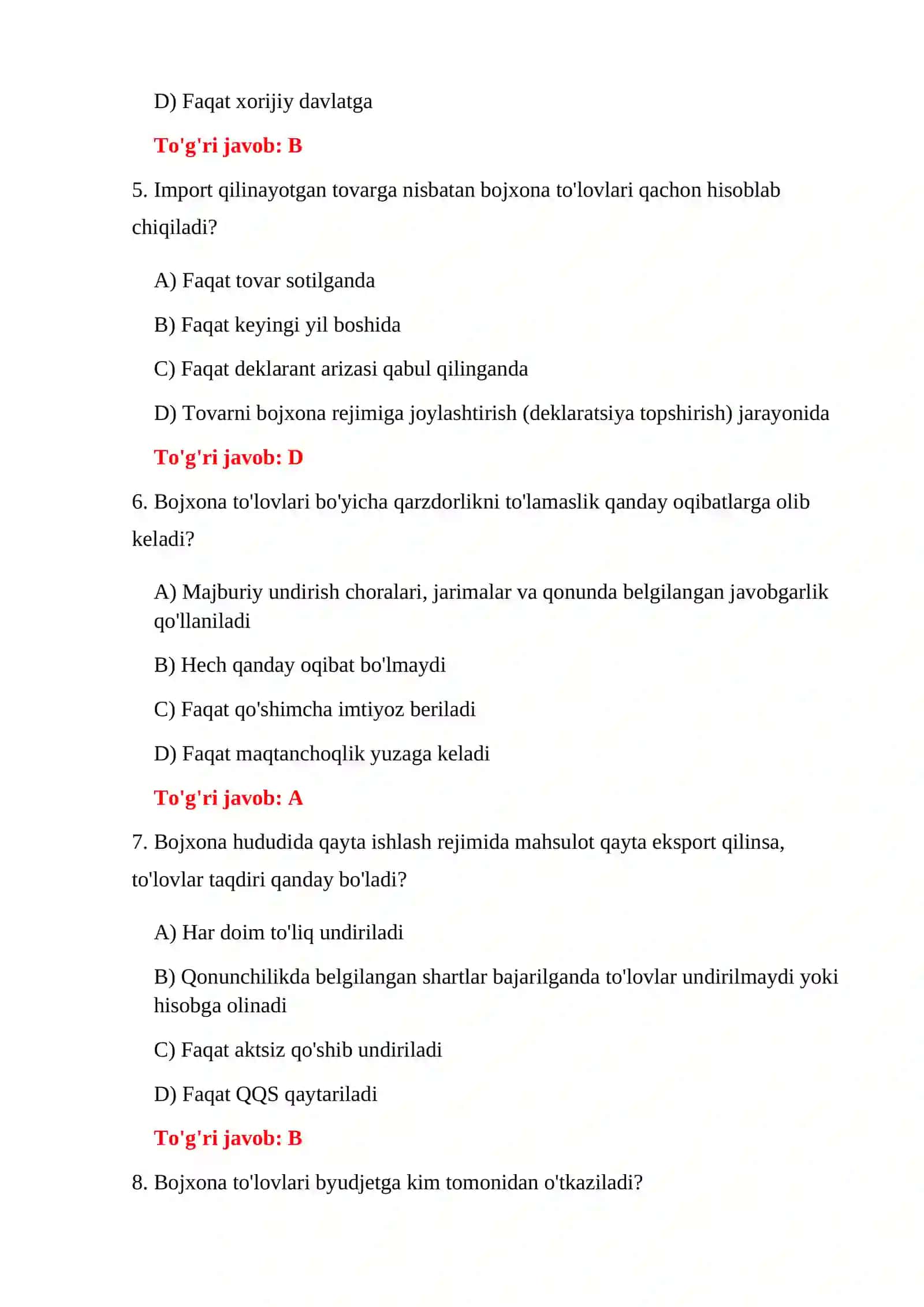 BOJXONA TO'LOVLARI 100 TA TEST 4