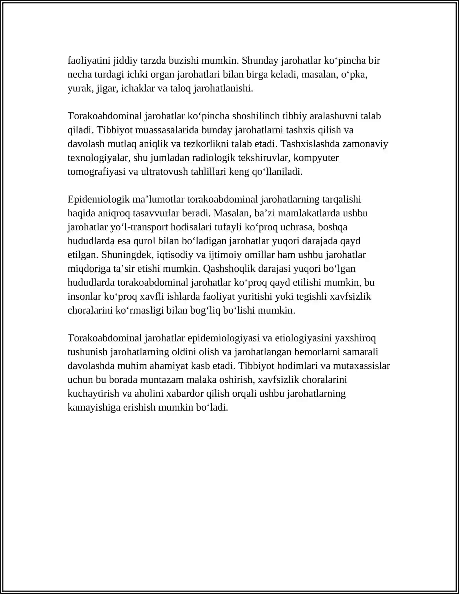 TORAKOABDOMINAL JAROHATLAR, KLINIK MANZARASI, TASHXISLASH, BOSQICHMA BOSQICH DAVOLASH 4