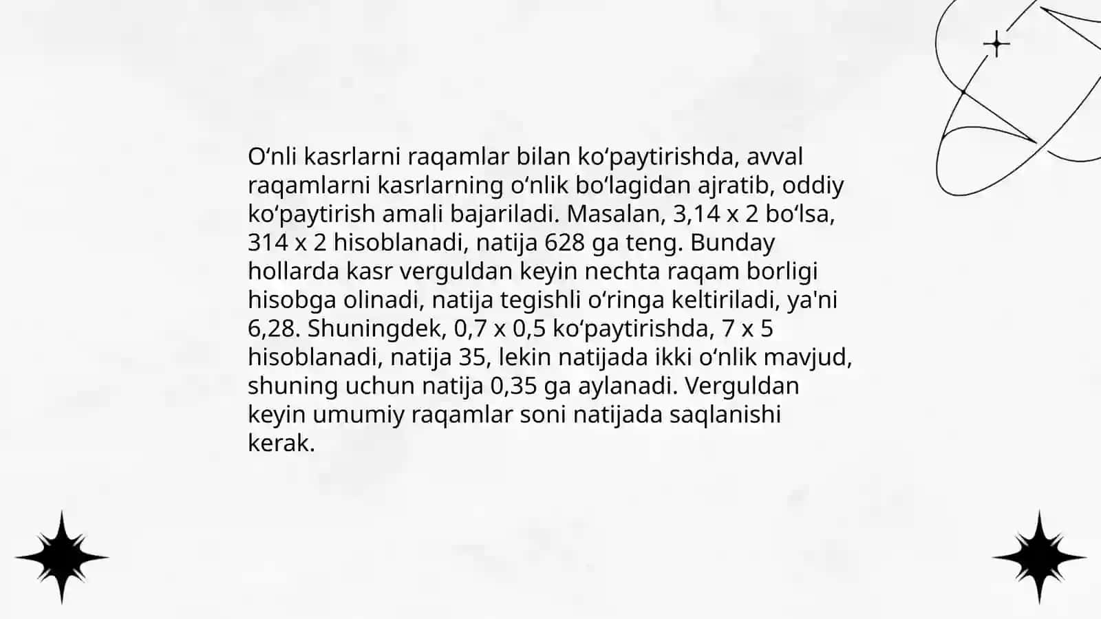Oʻnli kasrlarni koʻpaytirish va boʻlishga doir misollar yechish 4