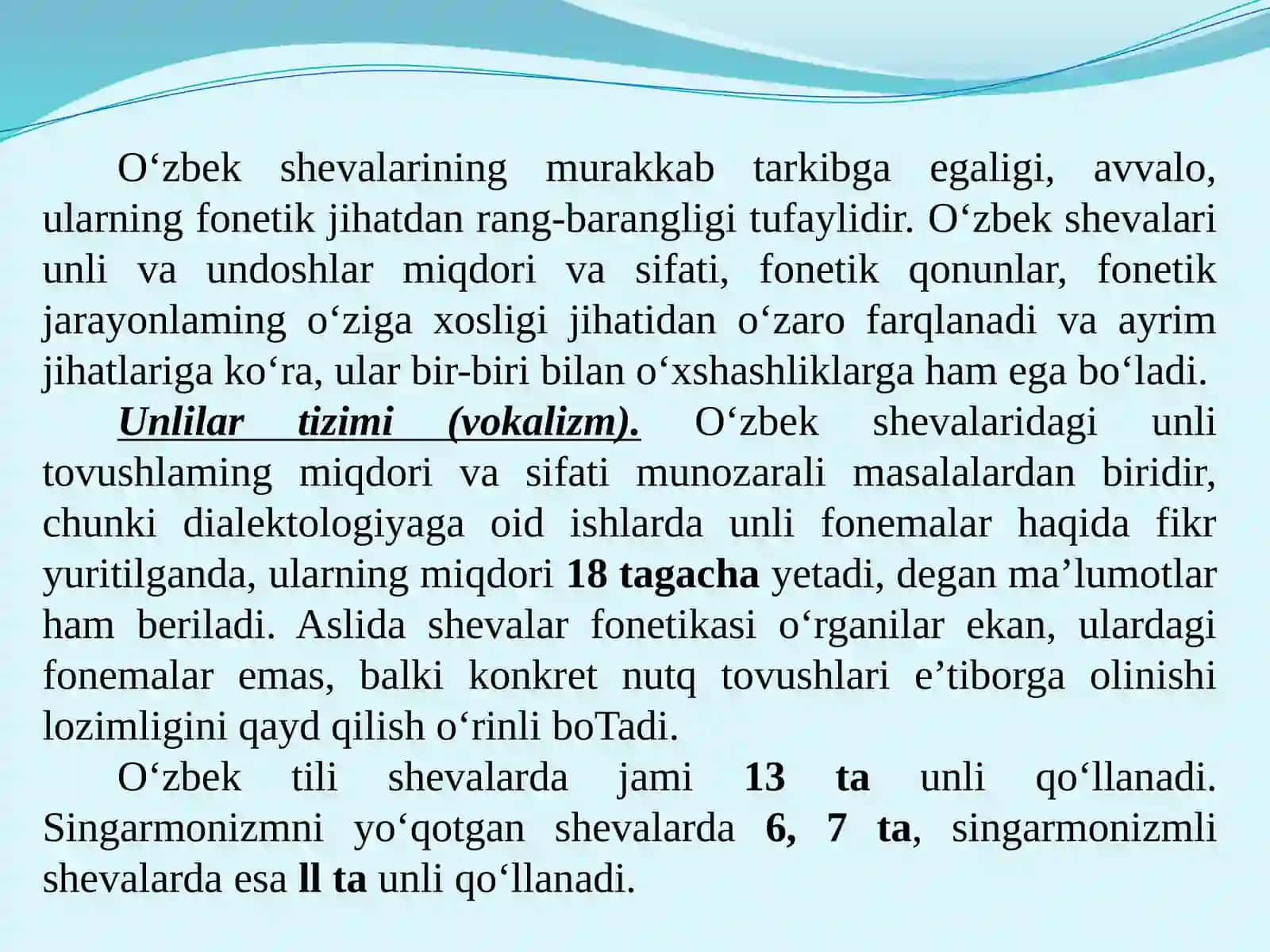 Shevalarning fonetik xususiyatlari. Shevalarda fonetik qonunlar. Shevalarda fonetik jarayonlar. O‘zbek shevalari leksikasi 4