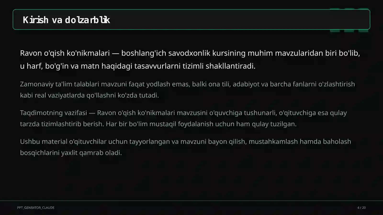 Ravon o'qish ko'nikmalari (1-sinf) 4