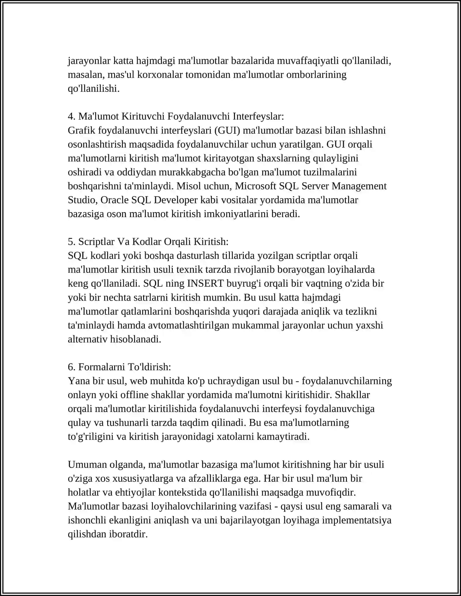 MUSTAQIL ISH Mavzu: MAʼLUMOTLAR BAZASIGA MAʼLUMOTLAR KIRITISH,JADVALLAR, SOʻROVLAR,SHAKLLAR,XISOBOTLAR VA MODULLAR BILAN ISHLASH 4