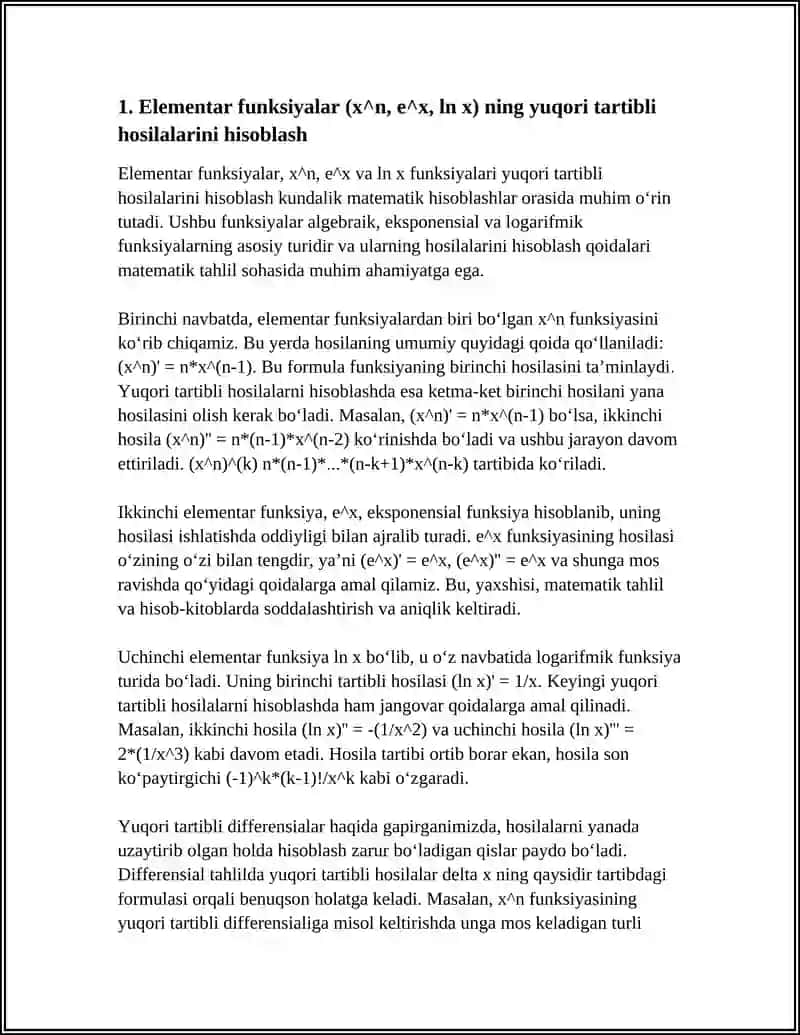 YUQORI TARTIBLI HOSILALARNI HISOBLASHGA DOIR MISOLLAR. FUNKSYA DIFERENSIALI. YUQORI TARTIBLI DIFFERENSIALLAR 4