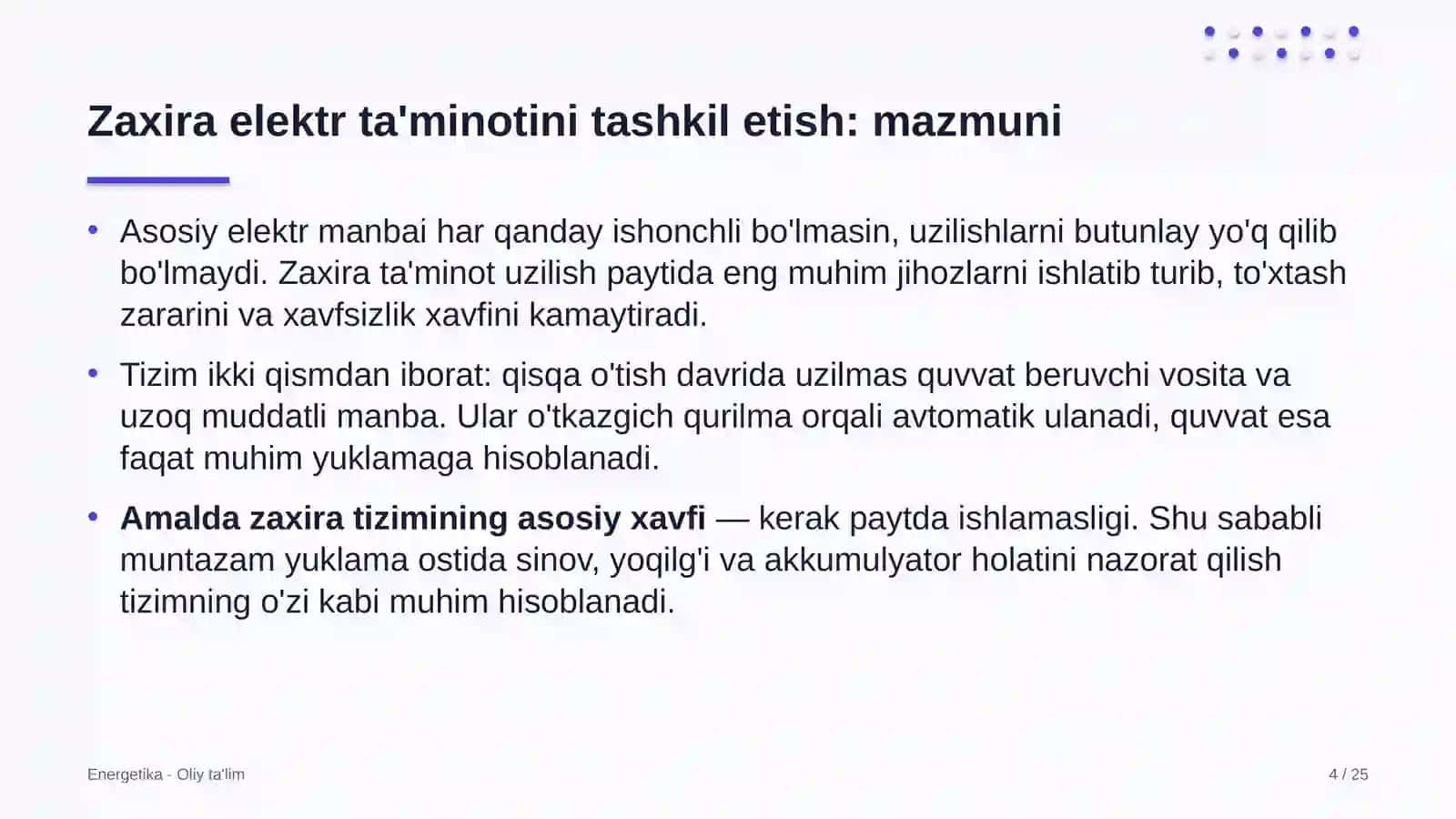 Buyurtmaxonalarda zaxira elektr ta'minotini tashkil etish 4