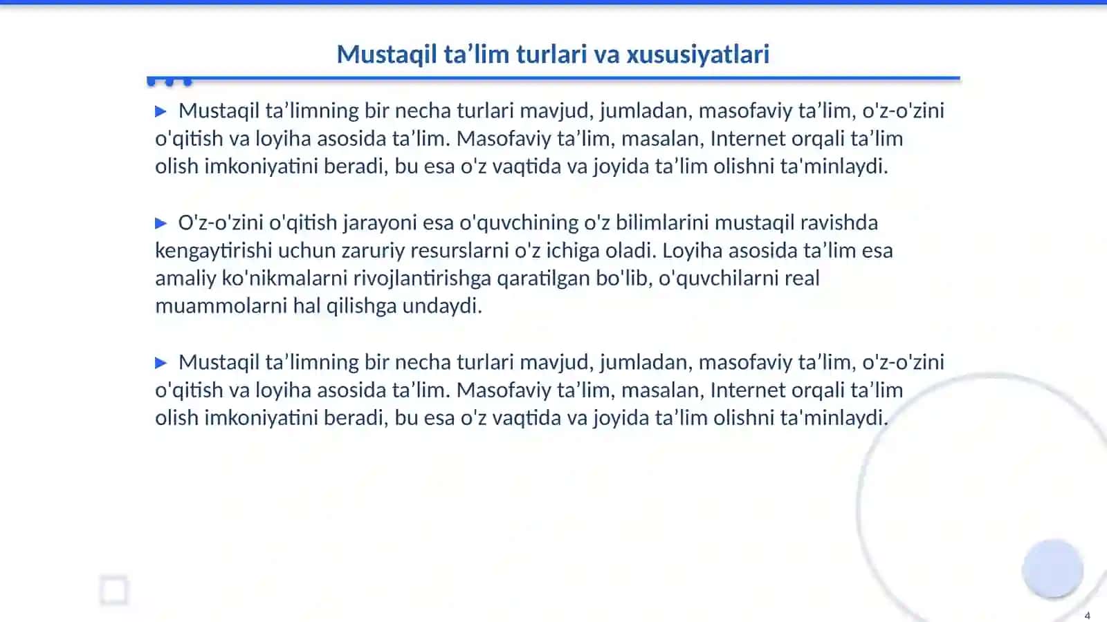 Mustaqil taʼlim uning turlari va bajarilishi 4