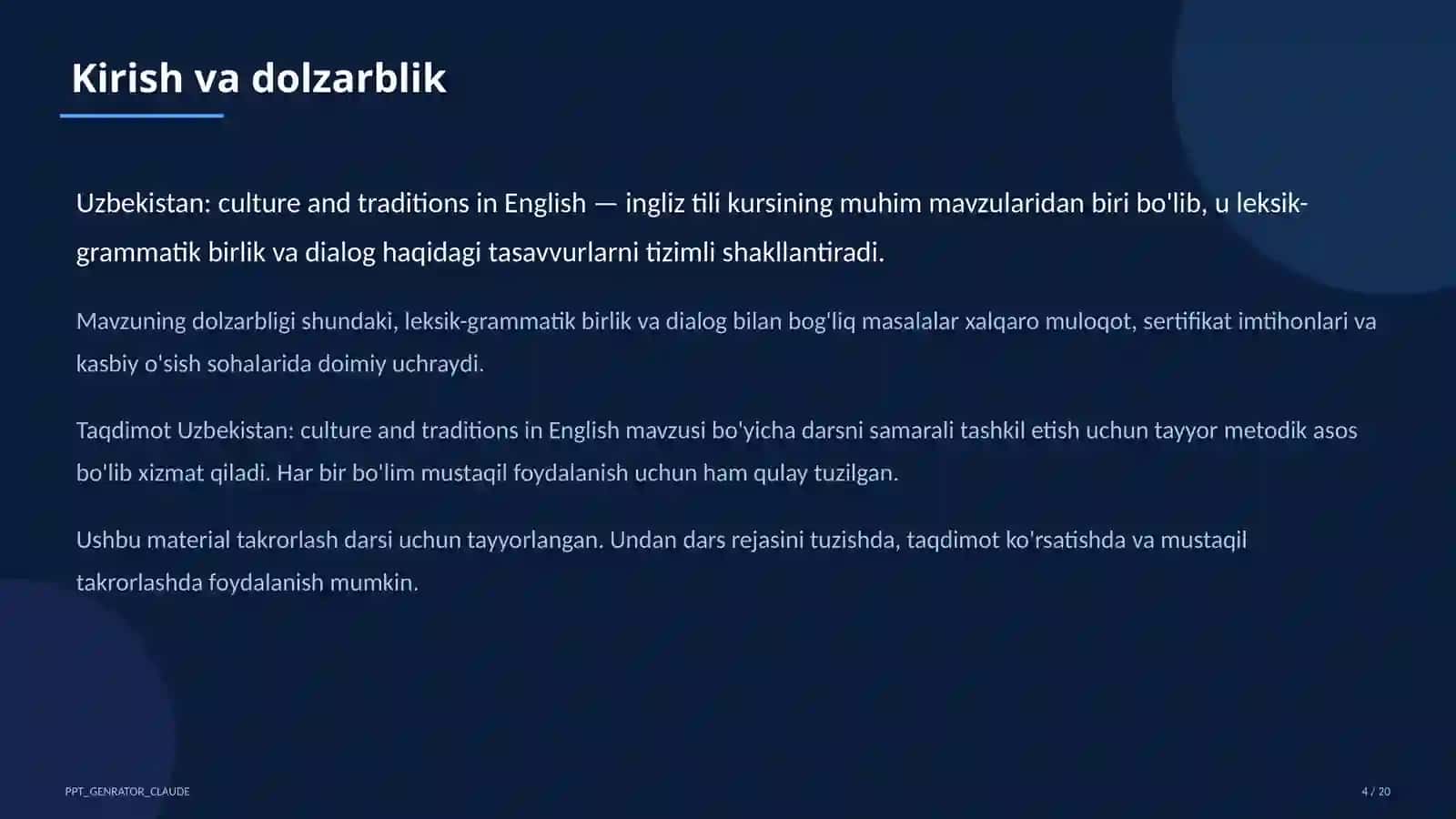 Ingliz tili (1– 11) — takrorlash darsi 4