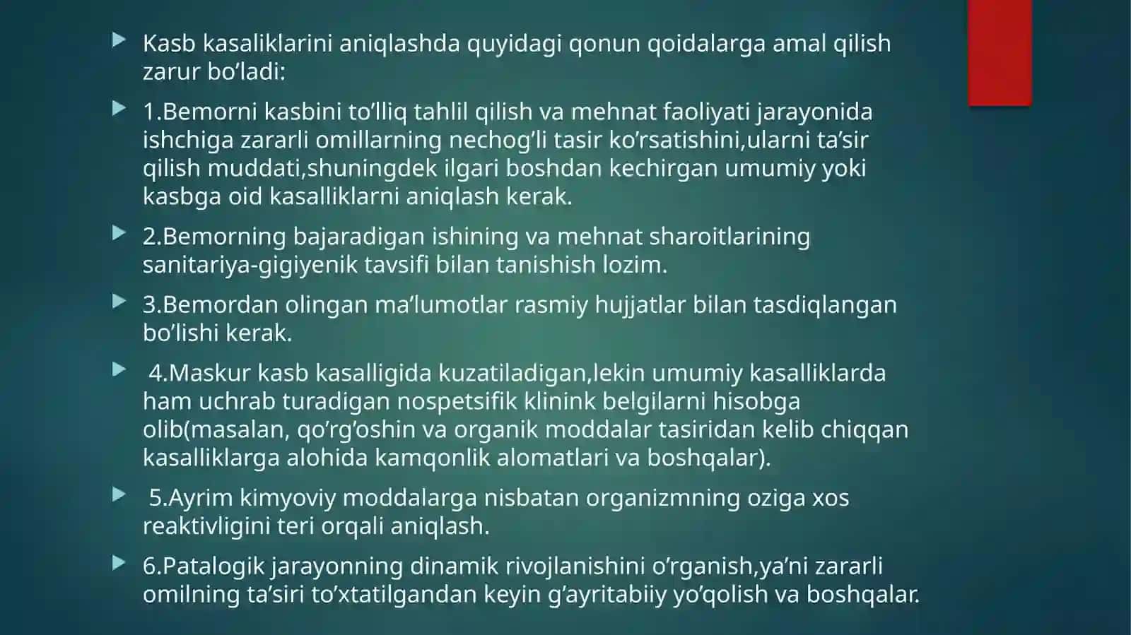 Kasbiy kasalliklarni va ishlab chiqarishdagi jarohatlari tekshirish 4