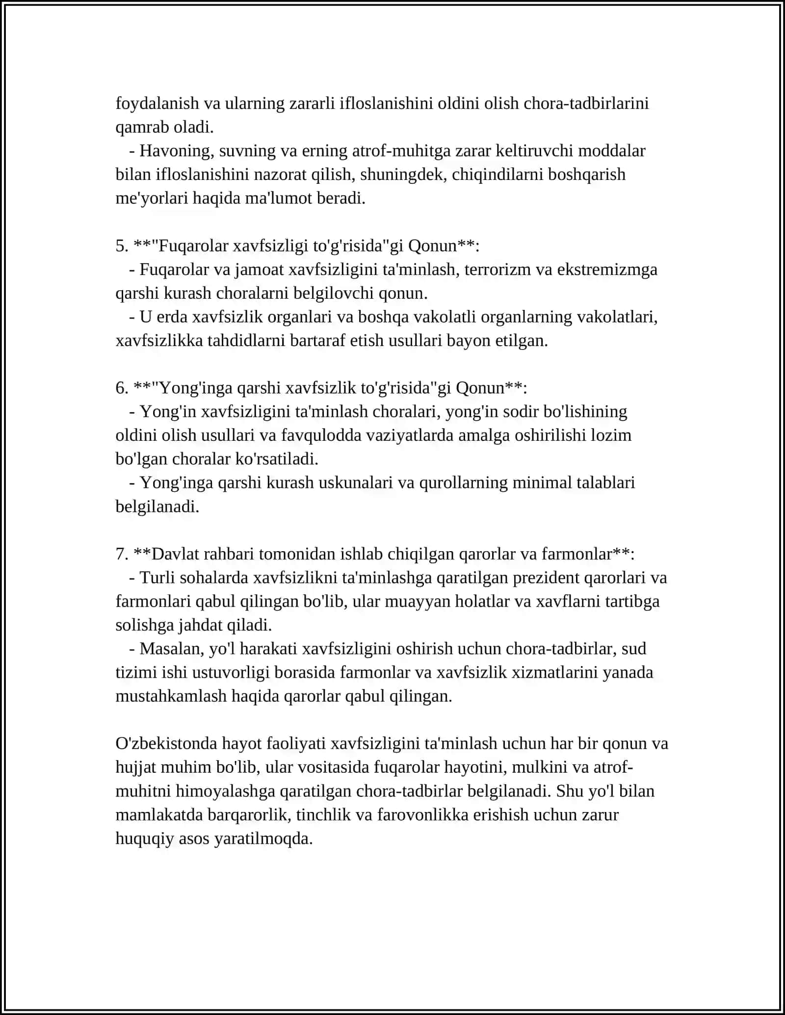 ÒZBEKISTON RESPUBLIKASIDA HAYOT FAOLIYAT XSVFSIZLIGINI TAMINLASH SOHASIDA QABUL QILINGAN QONUN VA MEYORIY HUJJATLAT TIZIMI 4