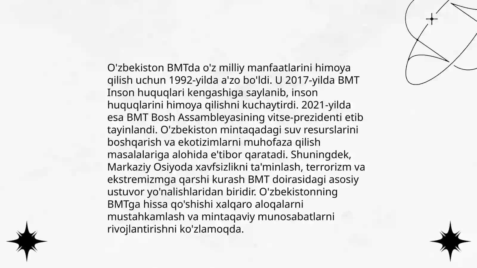 O'zbekiston Respublikasining BMTga a'zo bo'lishi va yer yuzlik sheriklikda o'ziga ta'n o'rni 4