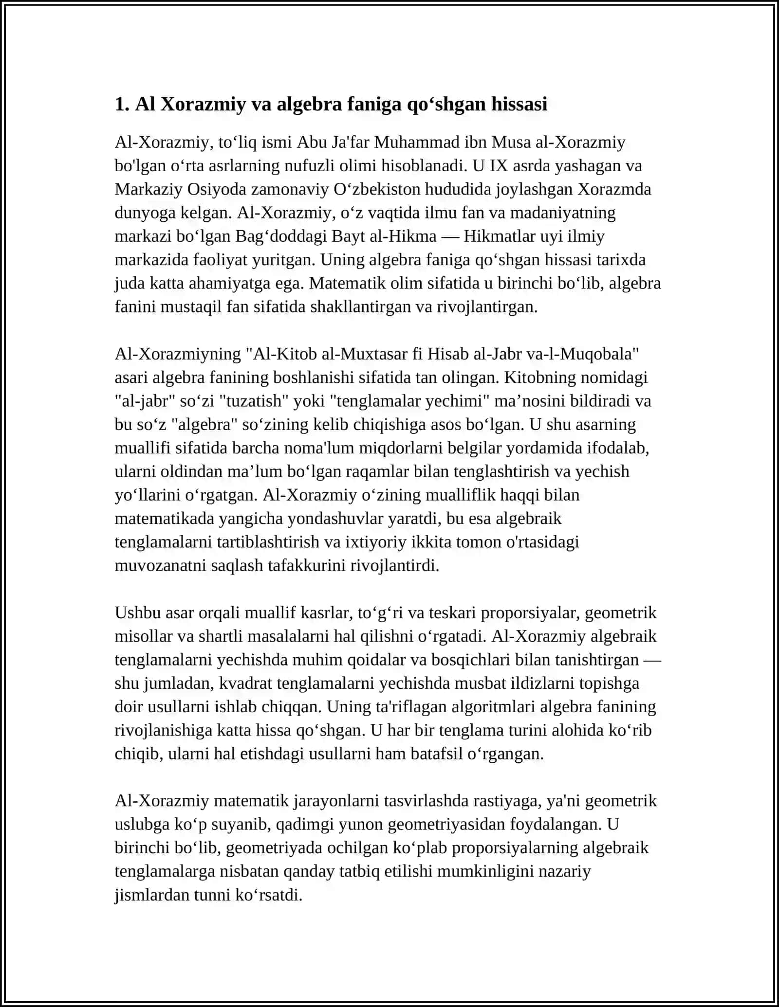 QOMUSIY OLIMLAR (AL XORAZMIY, AHMAD AL FARGONIY, ABU NASR FOROBIY, IBN SINO) VA ULARNING ADABIY MEROSI MAVZUSIDA REFERAT TAYYORLASH 4