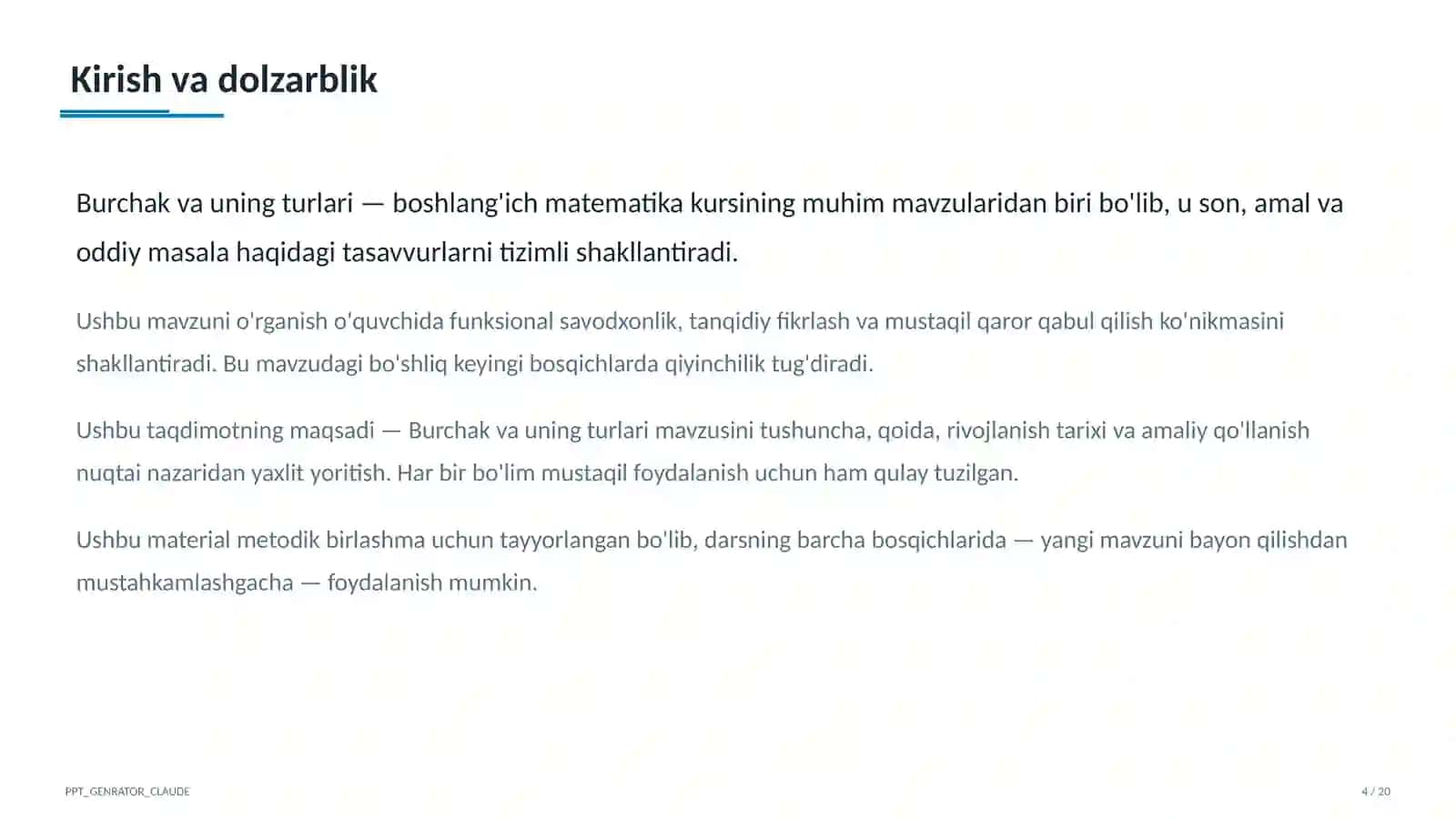 Burchak va uning turlari (4-sinf) 4
