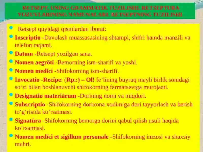 RETSEPT, UNING GRAMMATIK TUZILISHI. RETSEPTURA YOZUVLARINING NAMUNALARI 4