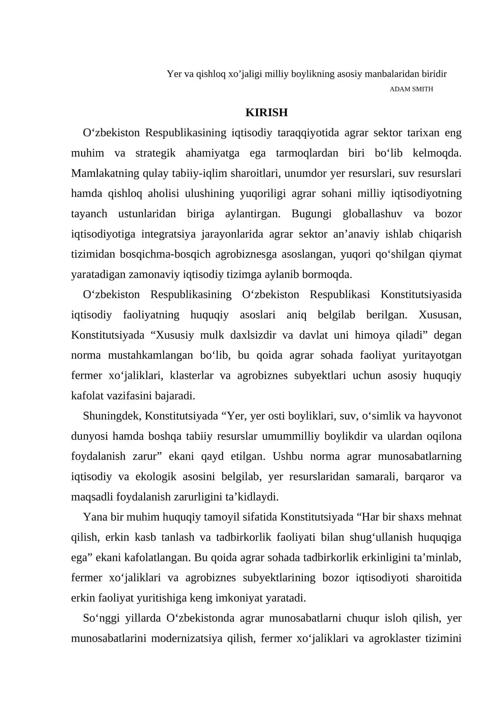 Agrar munosabatlar va ularning O’zbekiston iqtisodiyotidagi o’rni 4