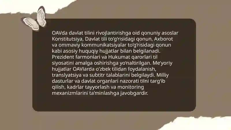 Davlat tilining OAVdagI ahamiyati, davlat tilining omma orasida qo'llanilish darajasi ish yurituvlardagi o'rnini tahlil qilish (taqdimot) 4